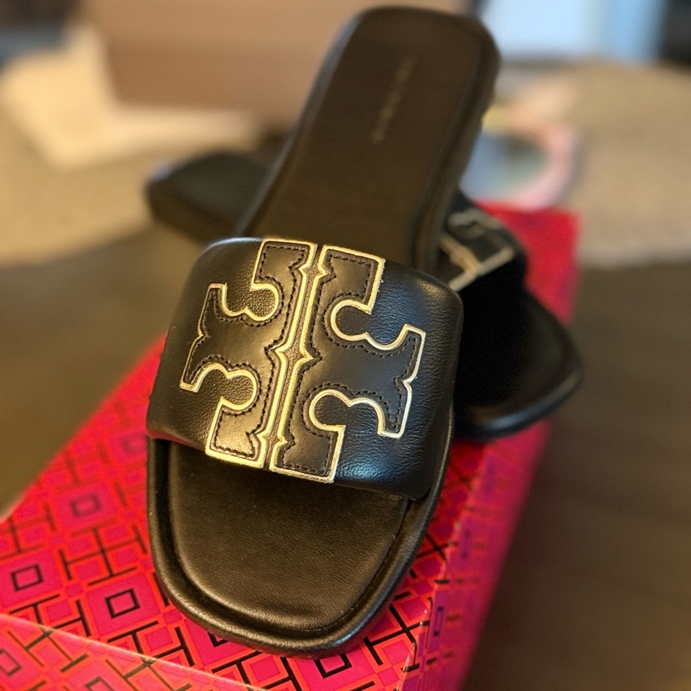 Tory Burch Black Slides with Gold Logo